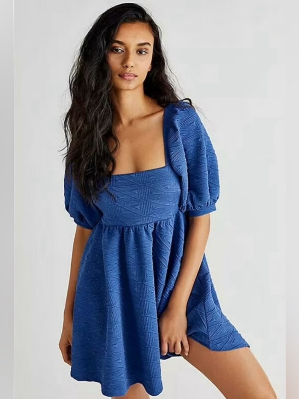 Free People Violet Mini Dress Womens L Blue Textured Puff Sleeve Tie Back $108